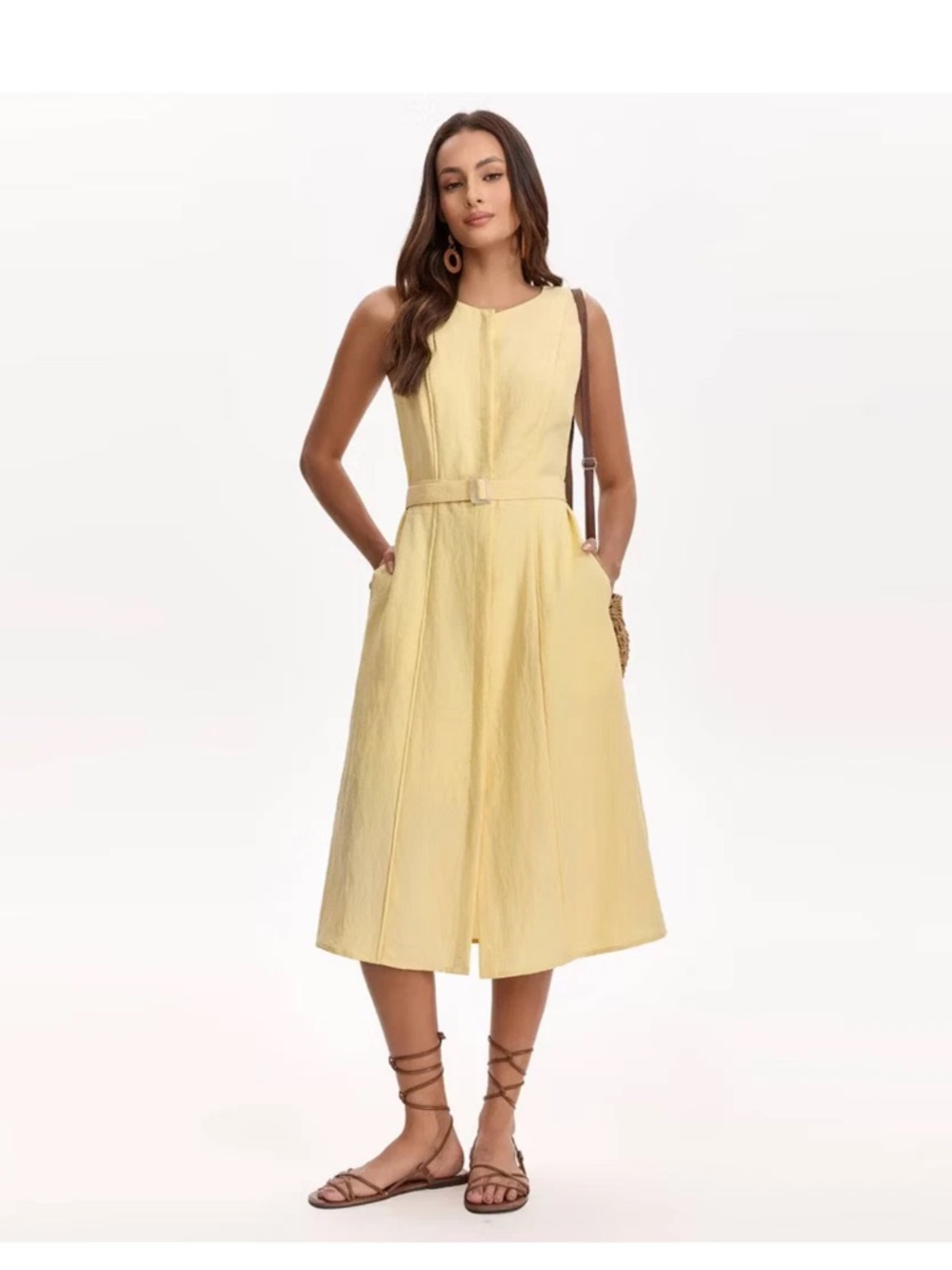 Women’s Belted Midi Dress - A New Day Yellow L
